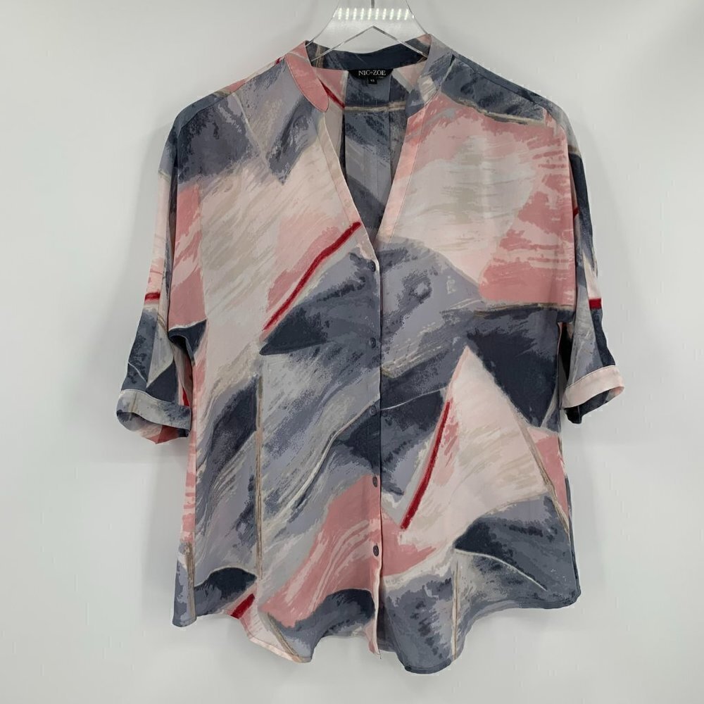 NIC+ZOE short sleeve watercolor blouse top shirt gray pink button women XS
